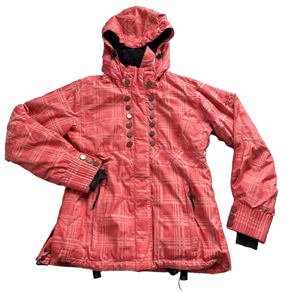 Obermeyer Sawyer Ski Jacket Women 6 Coral Plaid Snowboard Hooded Insulated